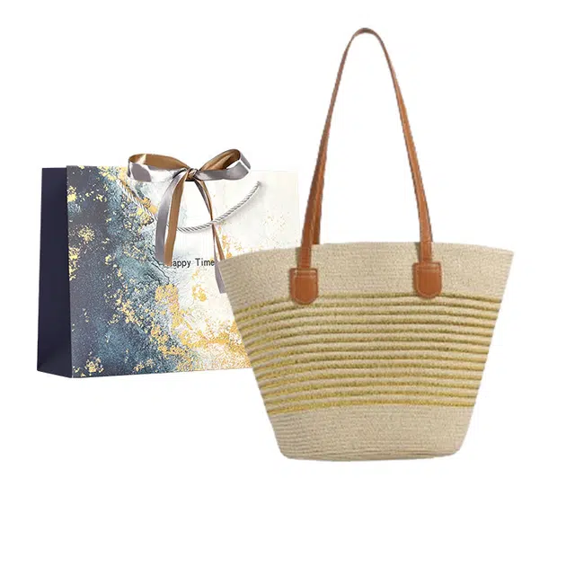 伊曼家 高级感条纹编织托特包女潮休闲大容量时尚草编包 草 单肩包 常规 女款 金色/银色/棕色