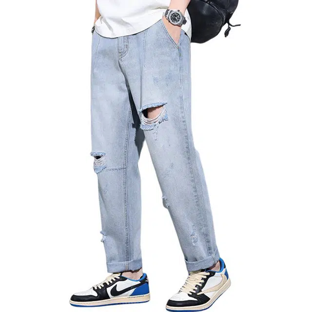雅鹿 直筒宽松破洞水洗牛仔裤 男款 浅蓝