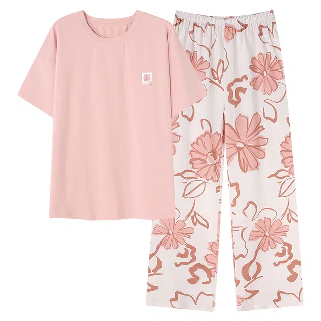 莫代尔 柔软舒适透气短袖松紧裤腰不勒腹长裤居家休闲可外穿睡衣套装 女款 淡粉色