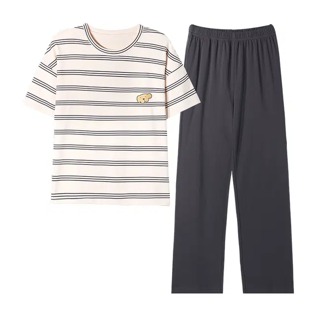 莫代尔 舒适柔软吸湿爽肤透气凉感小狗无刺感印花短袖松紧裤腰不勒腹休闲可外穿长裤睡衣套装 女款 黑黄条纹