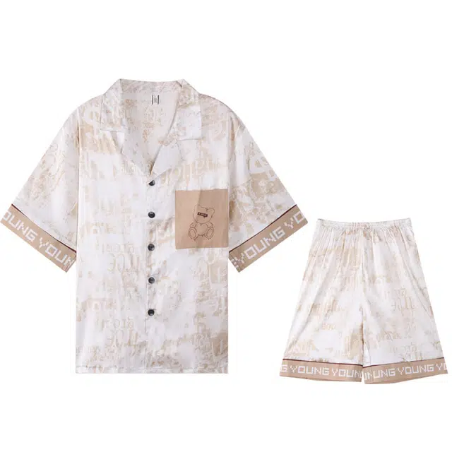 俏霓桐 气质凉感开衫短袖五分裤家居服可外穿睡衣套装 男款 杏色