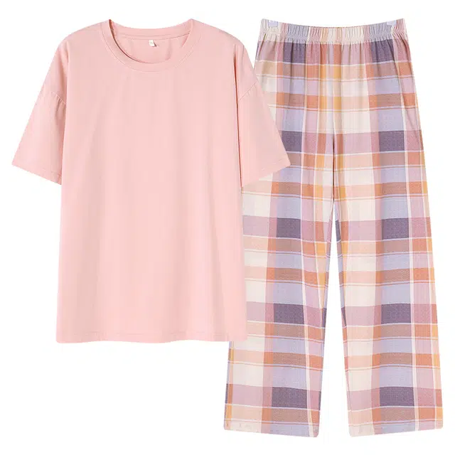 莫代尔 舒适柔软吸湿爽肤透气凉感防凸点短袖松紧腰不勒腹长裤居家休闲可外穿睡衣套装 女款 粉色