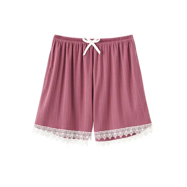 睦隆世家 纯色条纹休闲舒适透气亲肤轻薄三分裤少女可外穿睡裤 女款 紫红色