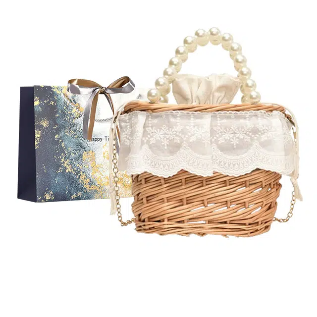 伊曼家 夏季竹编菜篮子手提包编织水桶包珍珠链条斜挎包 特殊材质 单肩包 女款 圆款白/方款白/方款彩