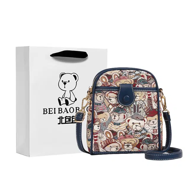 北包包 刺绣轻奢高颜值竖款小熊手机包斜挎包女包小包 布 单肩包 小号 女款 蓝色/粉色/棕色