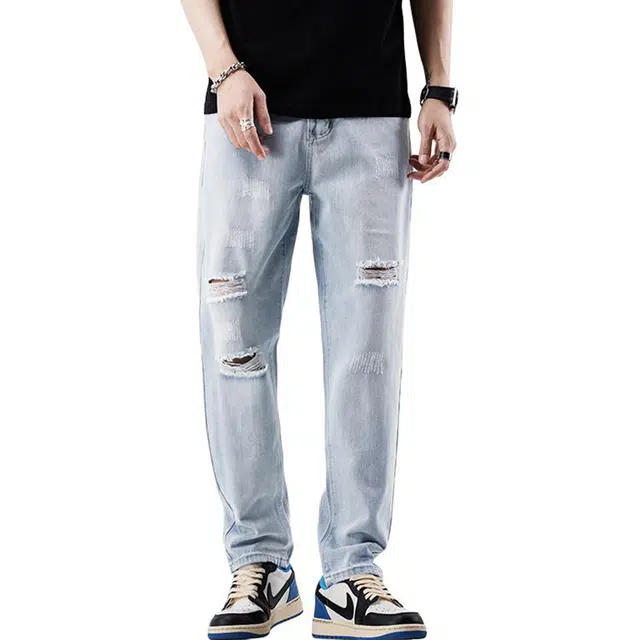 雅鹿 美式高街复古百搭水洗破洞修身直筒牛仔裤 男款 浅蓝