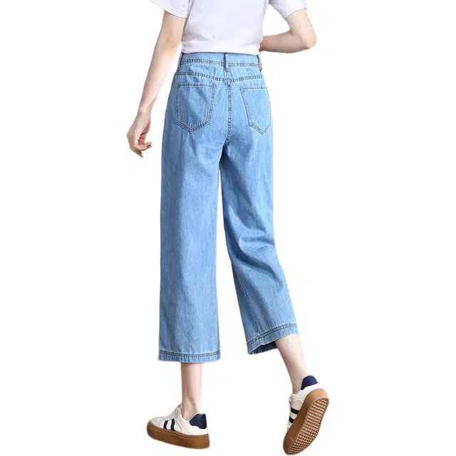 惟熙 窄版薄款双扣高腰宽松小个子垂感直筒七分裤牛仔裤 女款 浅蓝色