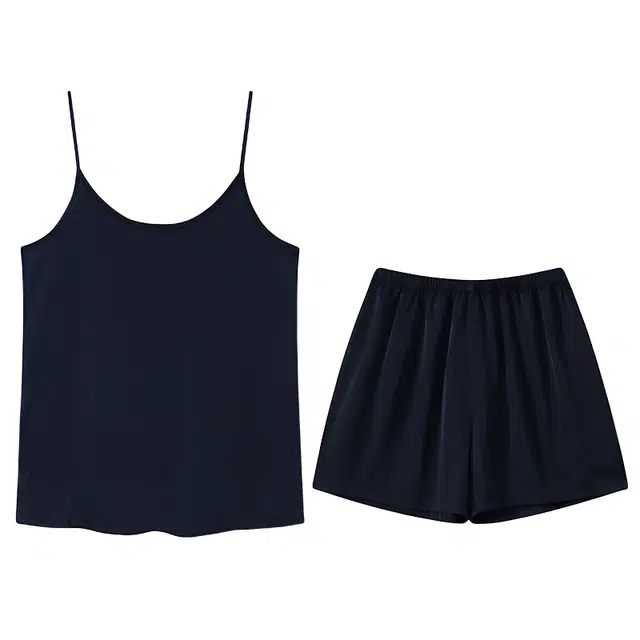 睦隆世家 简约舒适透气上衣松紧腰三分裤睡衣套装 女款 黑色