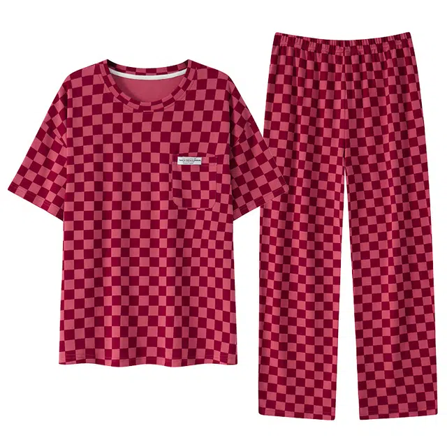 睦隆世家 韩系印花时尚舒适透气带胸垫防凸点短袖休闲可外穿长裤睡衣套装 女款 胭脂色