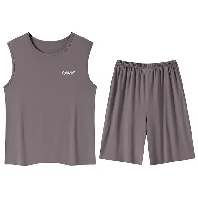 睦隆世家 休闲薄款纯色印花无袖上衣舒适透气亲肤五分裤可外穿睡衣套装 男款 玫瑰棕色