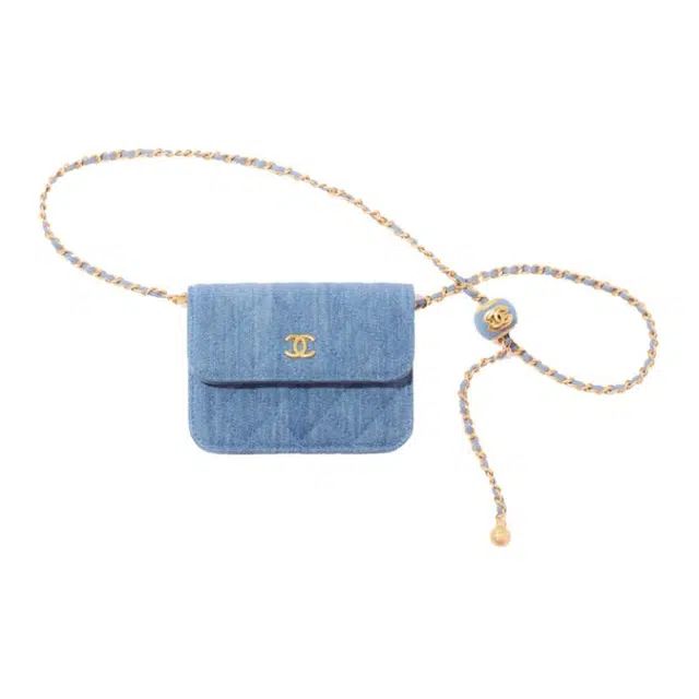 CHANEL Small Gold Ball Velvet Chain Bag Denim Blue