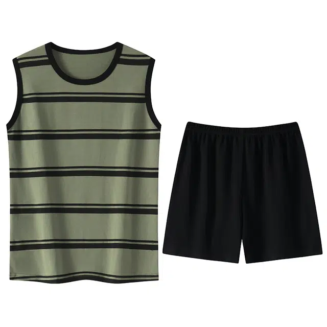 睦隆世家 透气轻薄舒适宽松亲肤小清新休闲居家背心三分短裤带胸垫防凸点可外穿女士睡衣套装 女款 橄榄绿