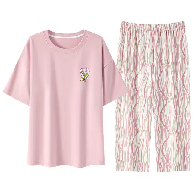 睦隆世家 休闲透气轻薄舒适亲肤居家短袖七分裤带胸垫防凸点可外穿睡衣套装 女款 藕色