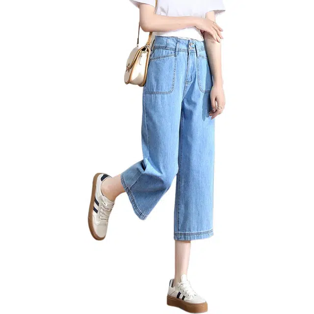 惟熙 窄版薄款双扣高腰宽松小个子垂感直筒七分裤牛仔裤 女款 浅蓝色