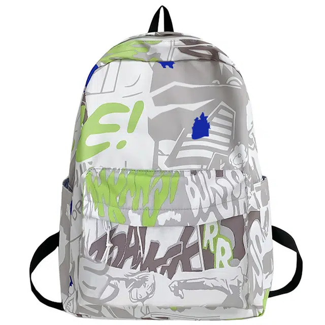 爱尔绅特 涂鸦印花春夏休闲背包 尼龙 双肩包 男女同款情侣款 白色/灰色