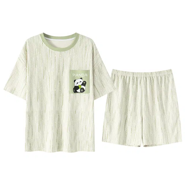 睦隆世家 时尚印花小清新轻薄舒适透气休闲居家短袖短裤带胸垫防凸点可外穿女士睡衣套装 女款 象牙白