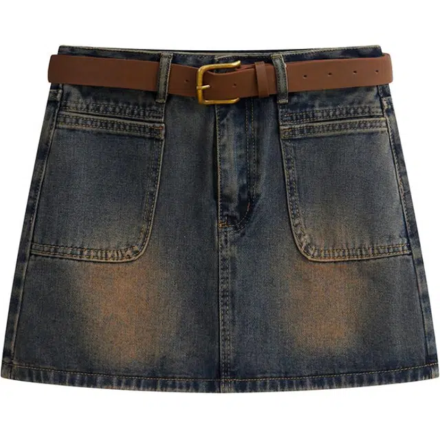 轻迎 水洗做旧双口袋包臀牛仔短裙 女款 复古蓝