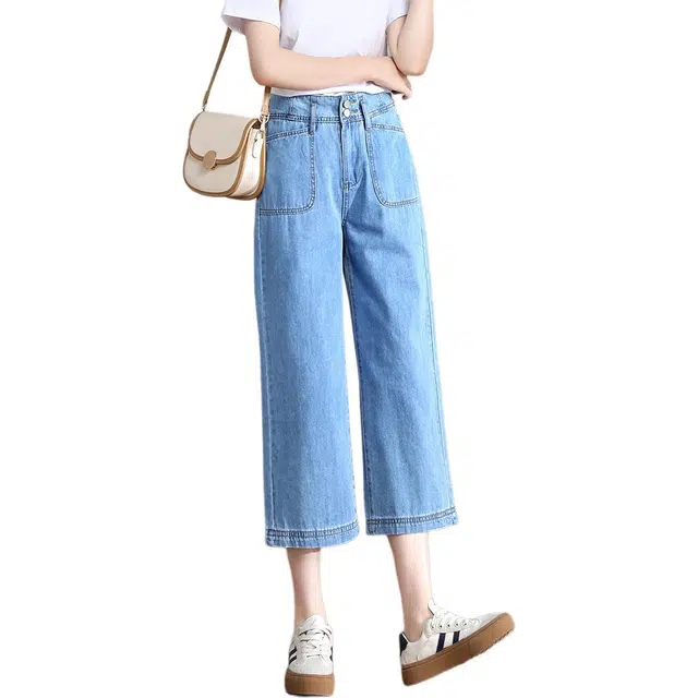 惟熙 窄版薄款双扣高腰宽松小个子垂感直筒七分裤牛仔裤 女款 浅蓝色