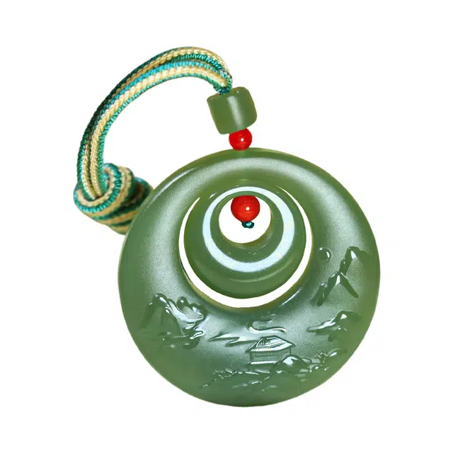 舒杰 湖水绿富贵山水项链 和田玉 中式国风精雕 男女同款情侣款 青白玉