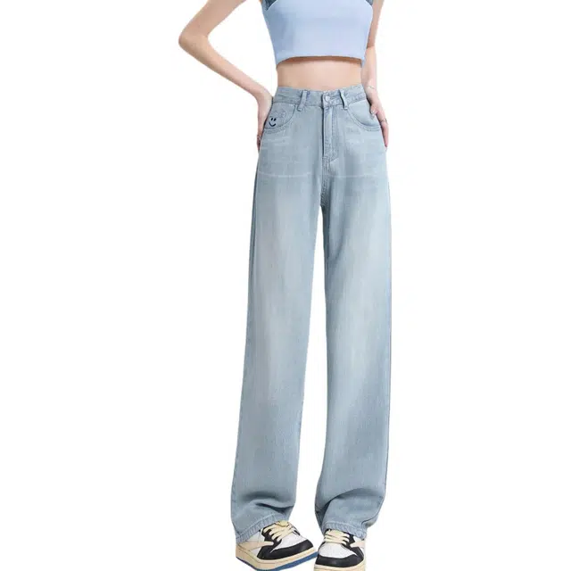 惟熙 薄款高腰直筒垂感冰丝拖地裤子牛仔裤 女款 浅蓝色