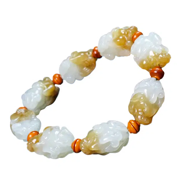 舒杰 招财貔貅糖白手串 和田玉 中式国潮吞金兽 男女同款情侣款 糖玉