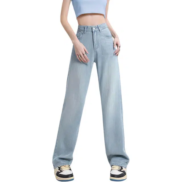 惟熙 薄款高腰直筒垂感冰丝拖地裤子牛仔裤 女款 浅蓝色