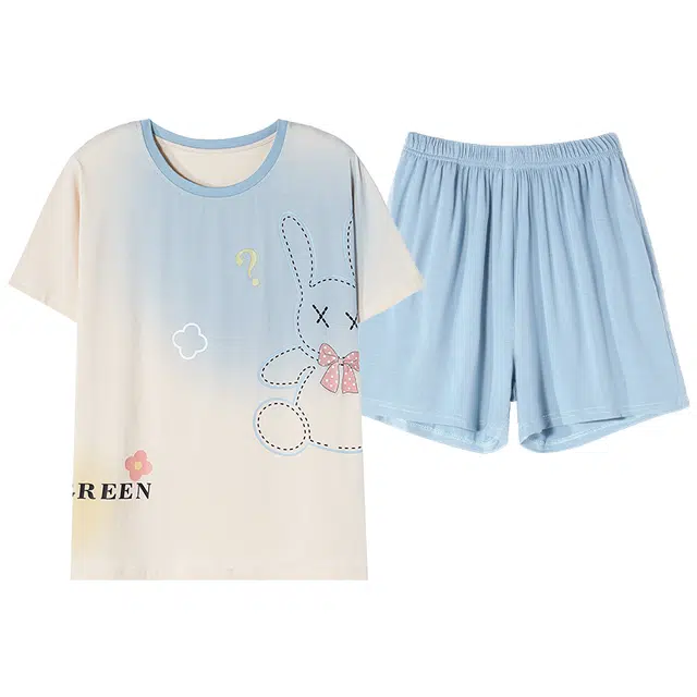 莫代尔 薄款卡通兔时尚印花短袖短裤舒适亲肤睡衣套装 女款 杏色