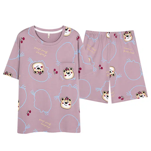 莫代尔 薄款夏季卡通熊时尚口袋上衣韩版舒适亲肤透气睡衣套装 女款