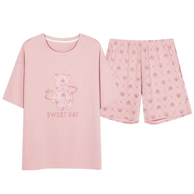 莫代尔 薄款卡通韩版满印甜美学生短袖三分裤睡衣套装 女款 粉红色