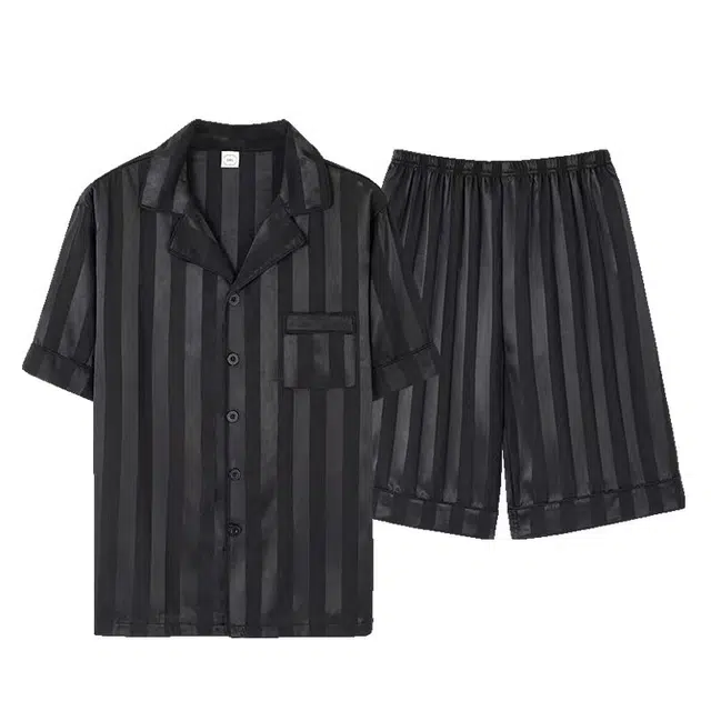 莫代尔 薄款亲肤凉感舒适翻领短袖松紧腰短裤可外穿睡衣套装 男款 黑色