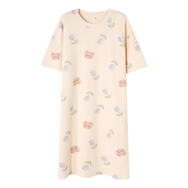 睦隆世家 时尚居家休闲透气亲肤印花带胸垫可外穿防凸点短袖睡裙 女款 杏色