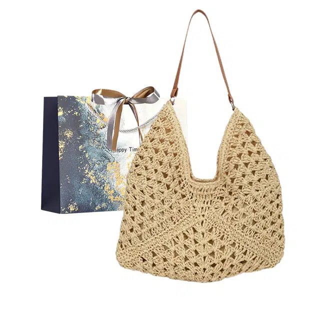 伊曼家 慵懒风镂空编织包女大容量夏季草编包海边度假风沙滩包 草编 单肩包 女款 米白色/卡其色