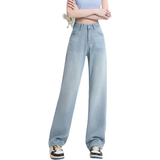 惟熙 薄款高腰直筒垂感冰丝拖地裤子牛仔裤 女款 浅蓝色