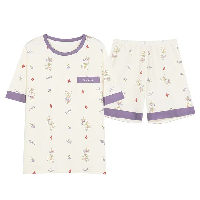 莫代尔 薄款卡通兔满印韩版时尚口袋上衣舒适亲肤三分短裤睡衣套装 女款 杏色