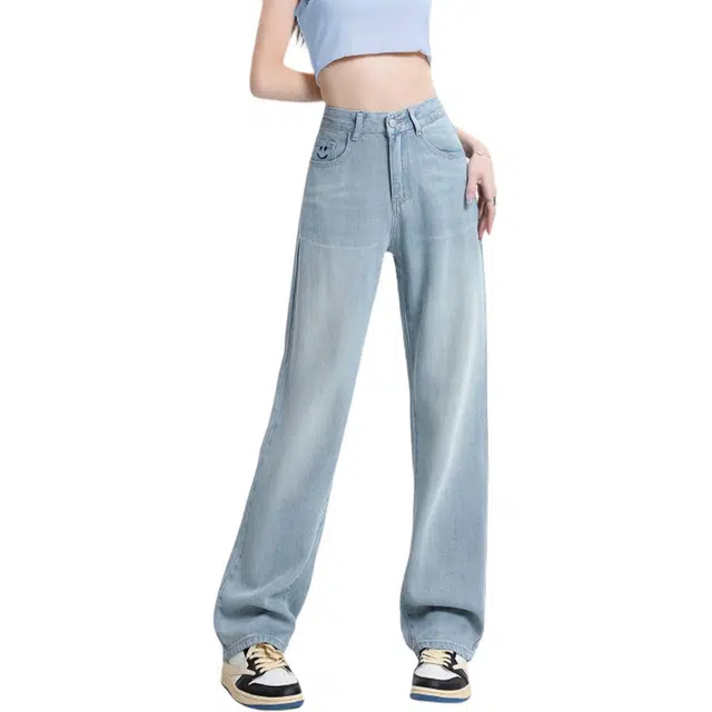惟熙 薄款高腰直筒垂感冰丝拖地裤子牛仔裤 女款 浅蓝色