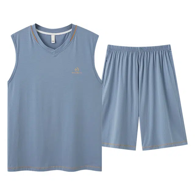 桔内 舒适休闲无袖上衣简约凉感五分裤睡衣套装 男款 蓝色
