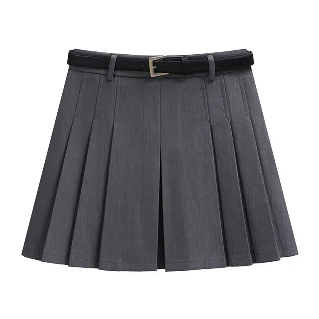 轻迎 学院风纯色高腰百褶半身休闲短裙 女款 灰色