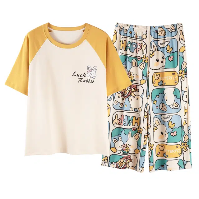 睦隆世家 卡通满印透气舒适轻薄圆领套头短袖睡衣套装 女款 金色