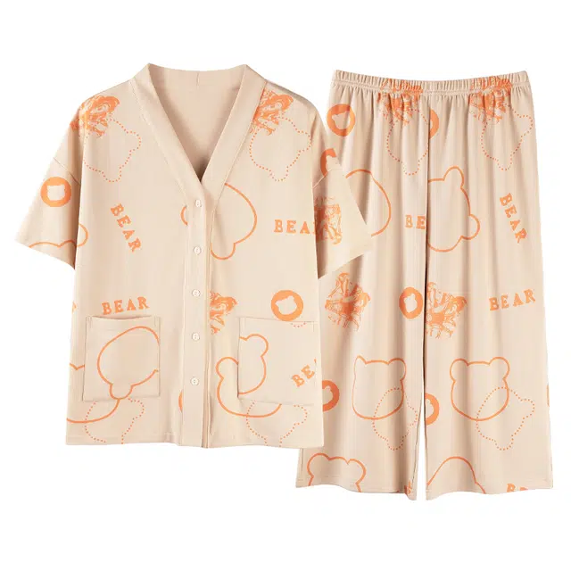 睦隆世家 卡通透气舒适轻薄开衫短袖七分裤带胸垫可外穿夏季睡衣套装 女款 肤色
