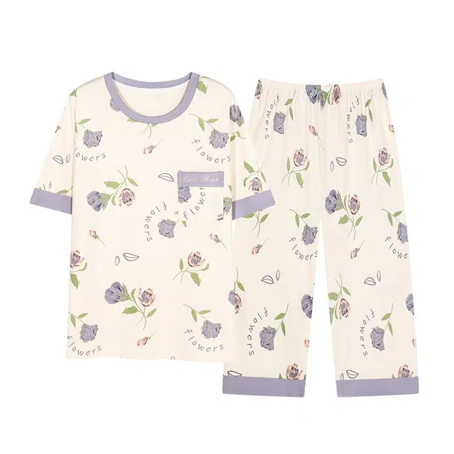 莫代尔 薄款时尚印染口袋亲肤舒适圆领短袖上衣满印可外穿透气休闲七分裤夏季睡衣套装 女款 杏色