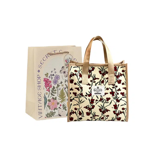 爱尔绅特 小碎花大容量旅行洗漱袋锡箔纸保温防水便当包加厚化妆包 绒布 手提包 女款 米白红花/ 米白黄花/黑色/卡其色