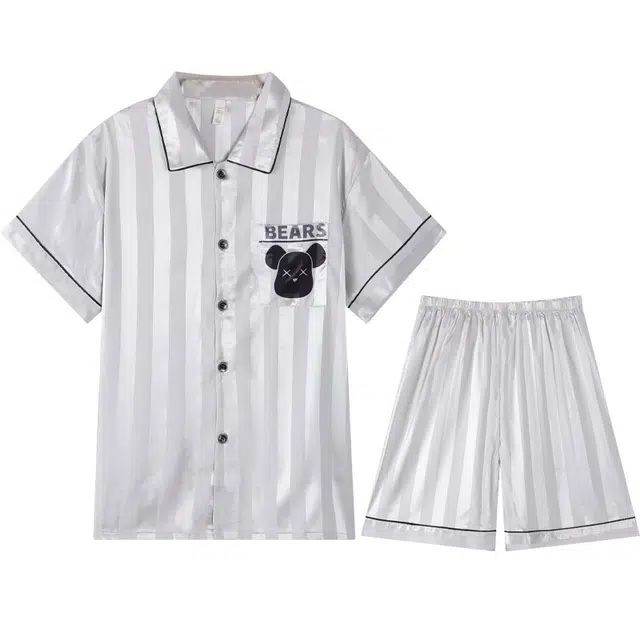 俏霓桐 卡通熊凉感短袖开衫家居条纹休闲宽松可外穿五分裤睡衣套装 男款 银色