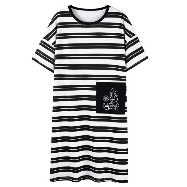 袋鼠 印花条纹纯色透气舒适短袖睡裙 女款 白色