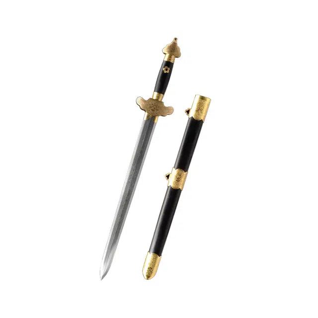 天子剑 龙渊短剑 黑檀木鞘实木手柄 黄铜精雕装饰 百炼花纹钢八面剑身 未开刃 成品模型