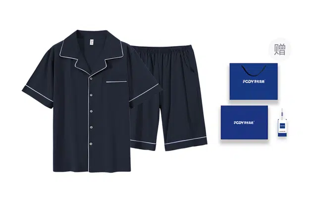 浮光岛屿 柔软亲肤短袖开衫简约纯色透气慵懒休闲松紧腰短裤可外穿睡衣套装 男款 礼盒装 藏青色