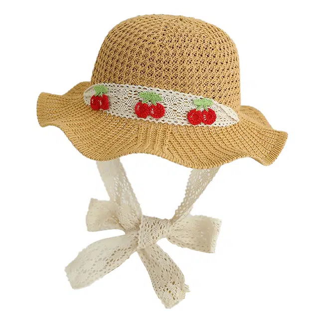 山一丸 薄款遮阳樱桃甜美可爱出游沙滩渔夫 草编 防晒帽 儿童款