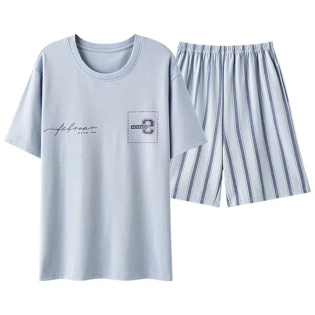 莫代尔 字母圆领短袖上衣松紧腰条纹三分裤睡衣套装 男款 浅蓝