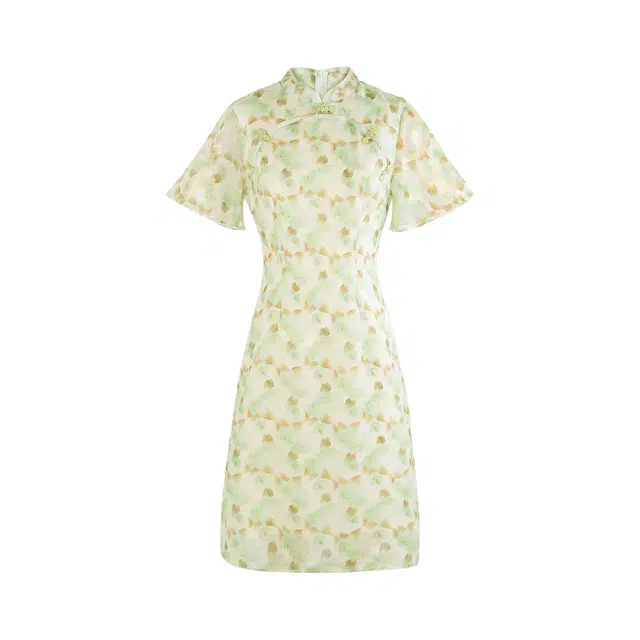 麓蔓蒂 新中式国风雪纺碎花裙盘扣收腰显瘦小个子短袖连衣裙 女款