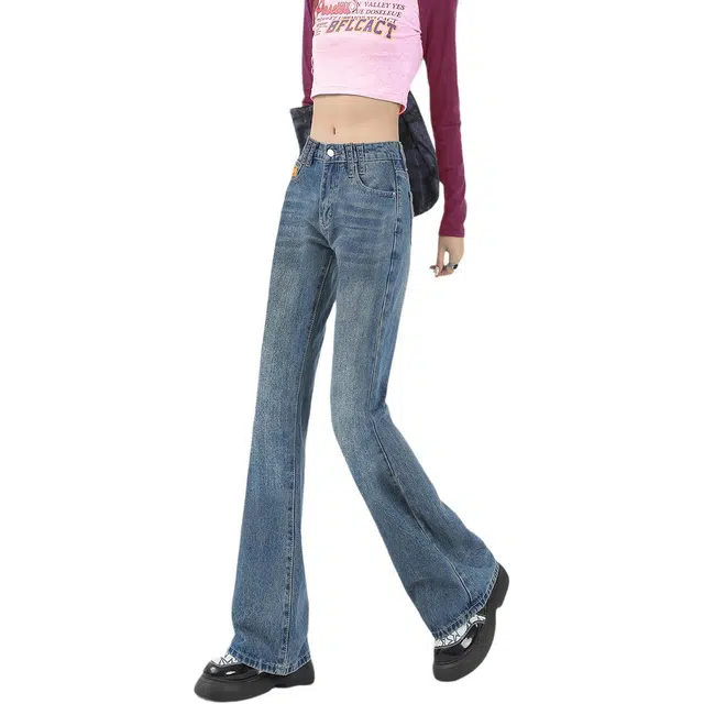 惟熙 喇叭裤高腰小个子修身显瘦微喇叭马蹄裤牛仔裤 女款 复古蓝