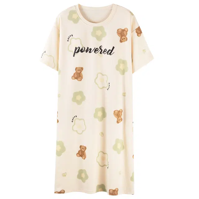 莫代尔 舒适亲肤带胸垫防凸点透气小熊印花短袖休闲夏季睡裙套装 女款 杏色